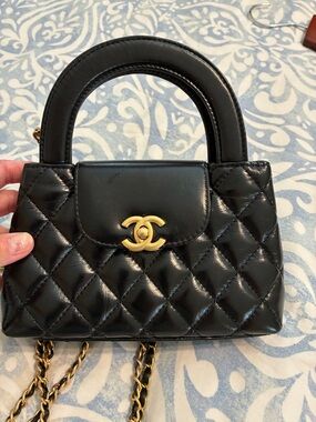 Black Quilted Mini Top-Handle Bag with Gold CC